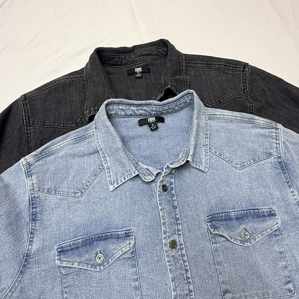 Lot of 2 Frye Shirt Mens MED Blue/Black Denim Western Button Front Long Sleeve